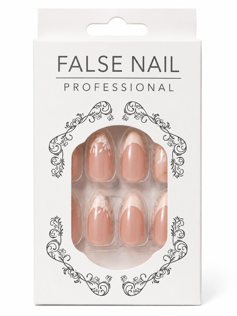 Nude Pink French Tip Floral Press On Nails Almond Shape NEW